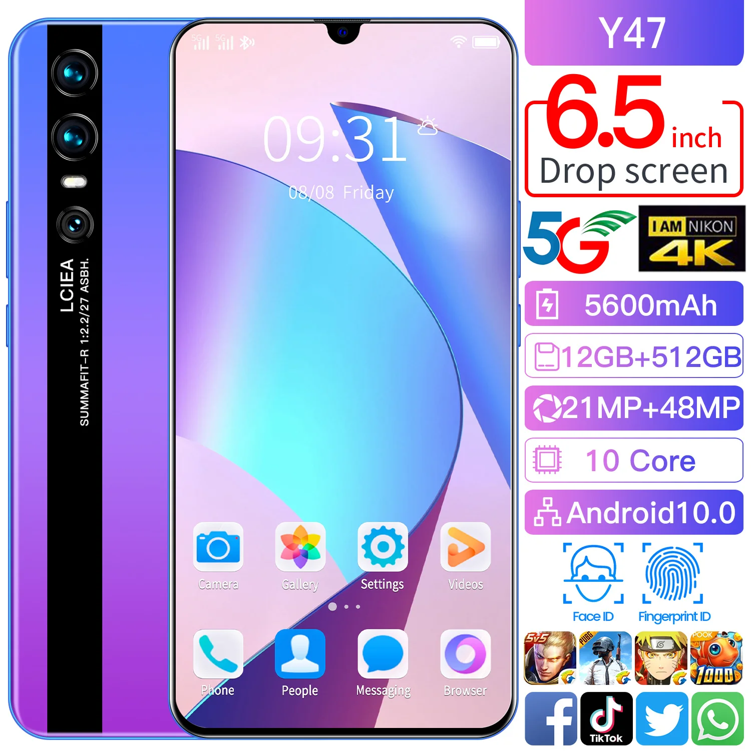 

Y47 6.5 inch Smartphone MTK6595 21+48MP 5600mAh 10-core 128/256GB Android 10.0 Full screen Mobile Cell phone 5G Face Fingerprint