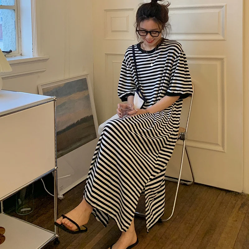 

Платье женское длинное в полоску, повседневное свободное стильное платье ленивого цвета, прикрывающее живот, в стиле Харадзюку, Корейская и...