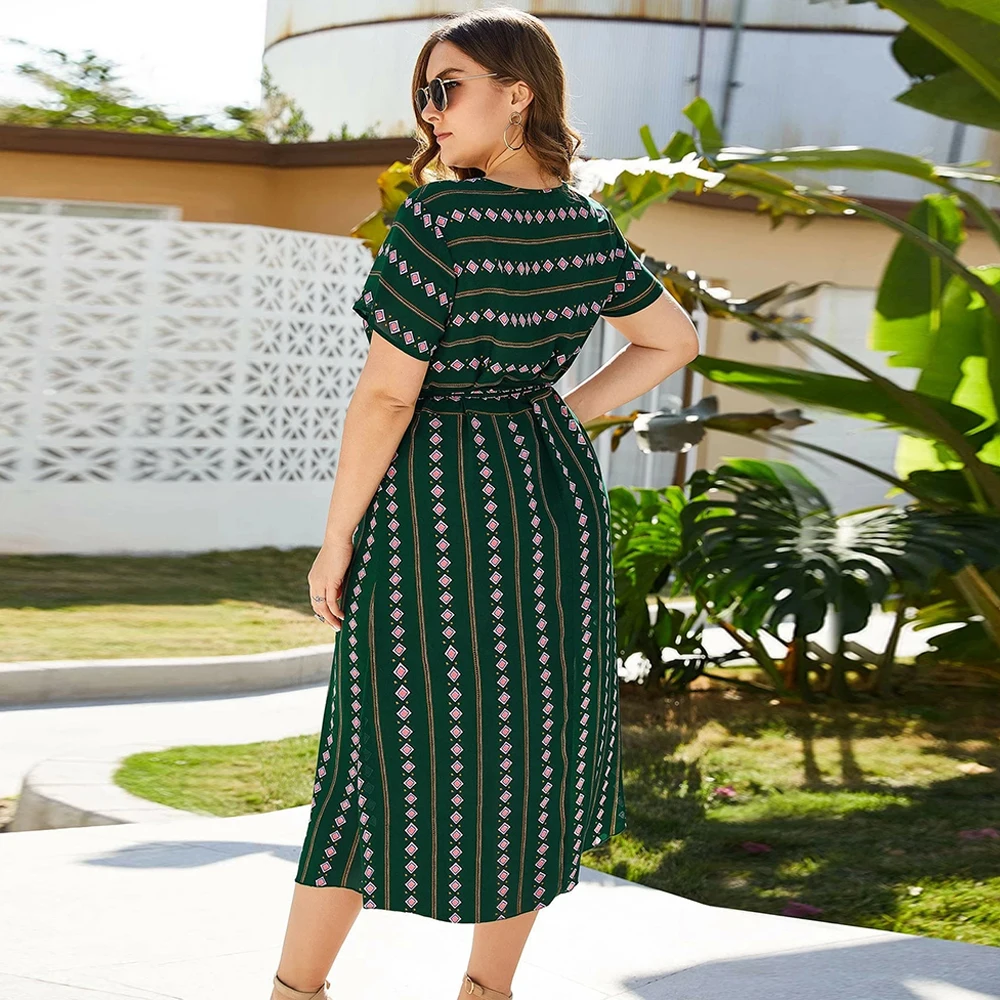Женские платья с круглым вырезом коротким рукавом и геометрическим принтом