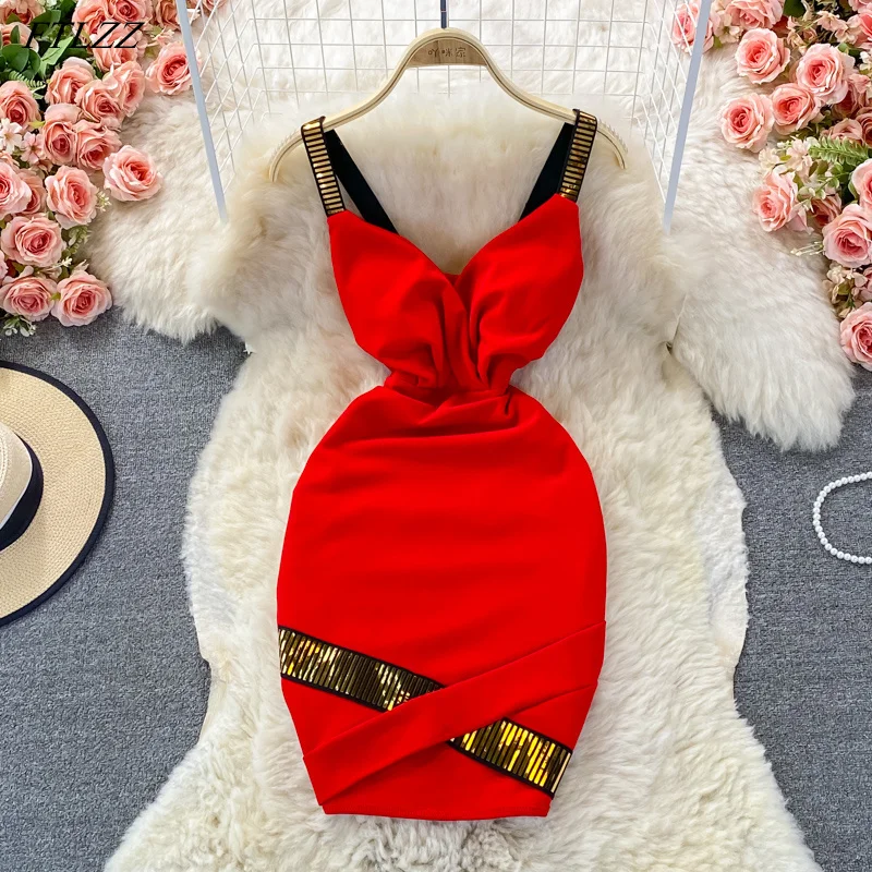 

FTLZZ летнее женское мини-платье на тонких бретельках, красное сексуальное платье с v-образным вырезом и высокой талией, блестящие вечерние кл...