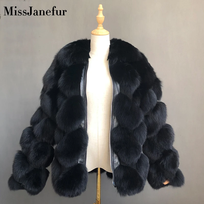 Модное темно-серое пальто короткое из натурального меха Женское Лисьего зимняя