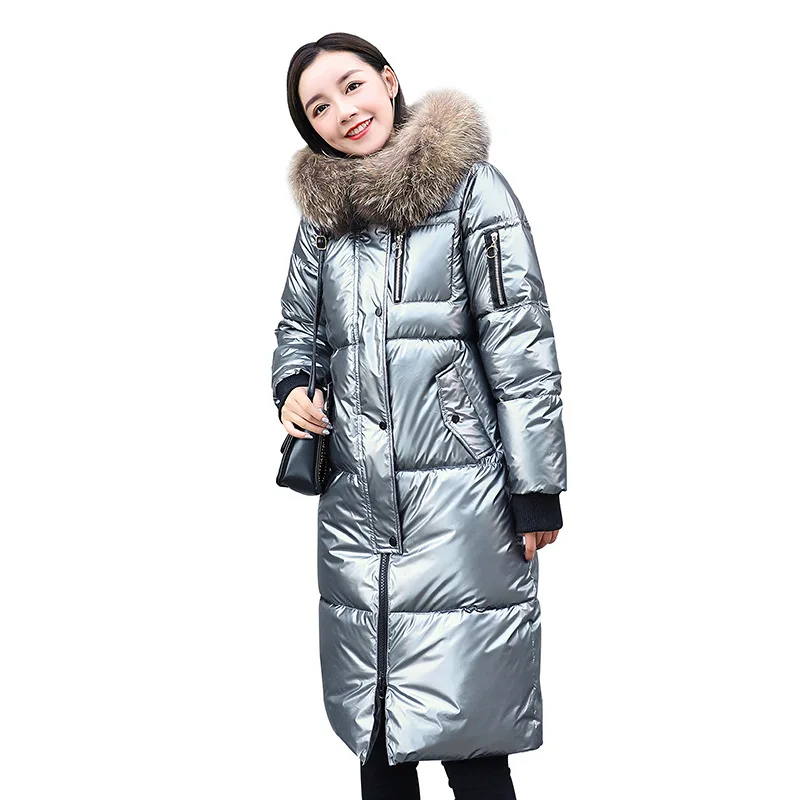 

2020 Casual Glossy Silver Down Jackets Winter Women's Long Fur Collar Hooded Coat Parkas Thick Winter Jacket Women Outwear K1075
