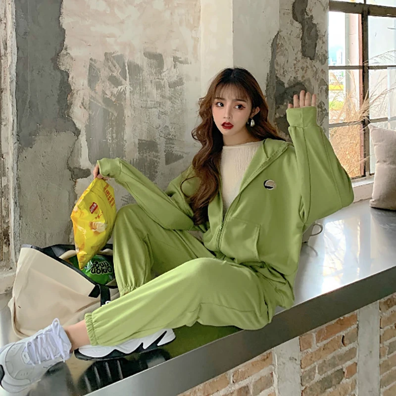 

Autumn Women Korean Sets Jacket+Pants Green Jogging Casual Ladies Sweet Harajuku Punk Jersey Outfits