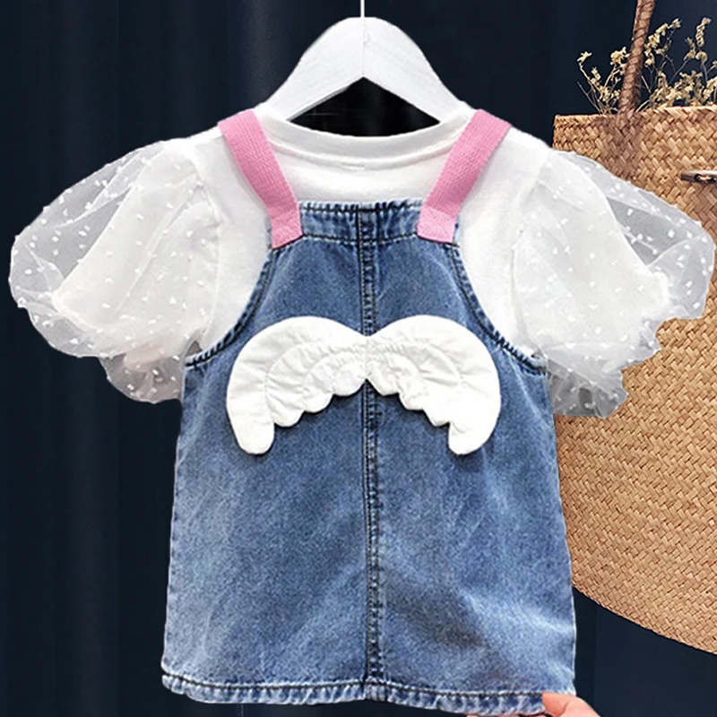 

Lovely Kid's Baby Girls 2pcs O-neck Collar Short Sleeve Shirt Denim Suspender dress for Autumn and Spring Outfits 2-7Y