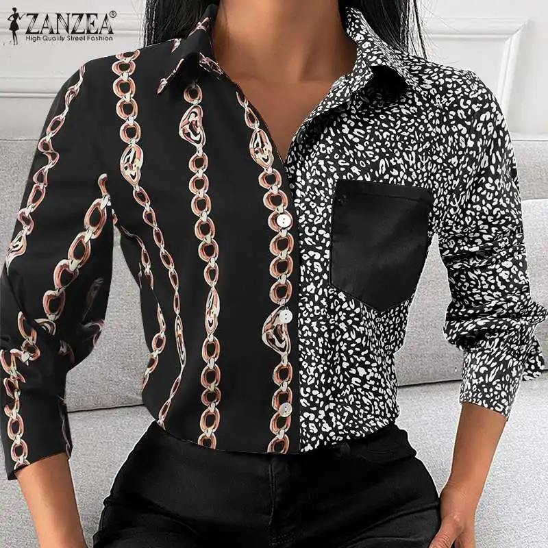 

ZANZEA Women Full Sleeve Lapel Blouse Leopard Patchwork Button Shirt Autumn Bohemian Loose Casual Holiday Blusas Chain Shirt