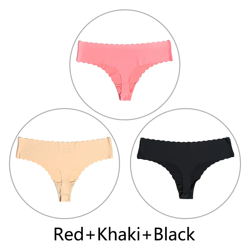 Red Khaki Black 3 шт./партия ультра-тонкий открытый Шелковый бесшовный стринги с низкой посадкой, цельные сексуальные трусики-стринги, нижнее белье для женщин, танга XS-L, американский размер - Цвет: Red Khaki Black