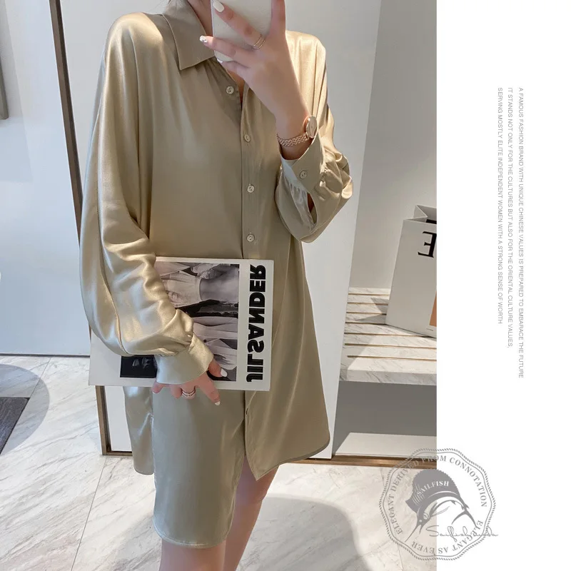 

High Precision Pendant Luster summer autumn Long Sleeve Lapel Heavy Mulberry Silk Dress Brand New Female Shirt Skirt one-piece