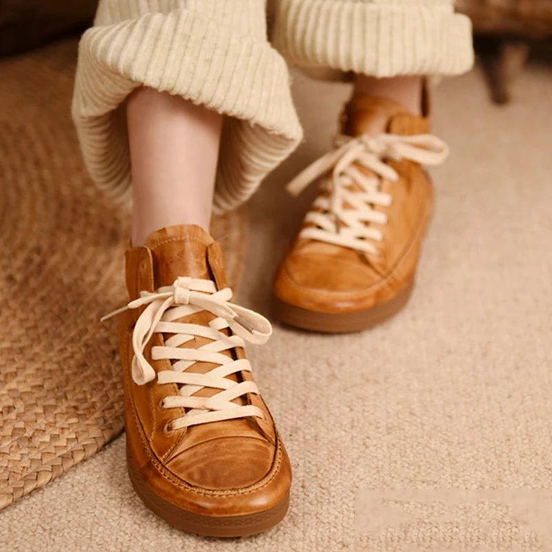 Фото Женские высокие ботинки Artmu из натуральной кожи на плоской подошве Студенческая