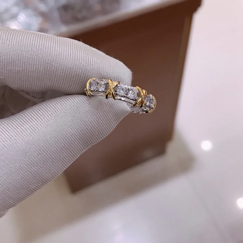 

2021 Popular High-quality TIF 1:1 Shining Separation Band Stone Cross Ring Luxury Jewelry Fashion Brand Couple Women Gift