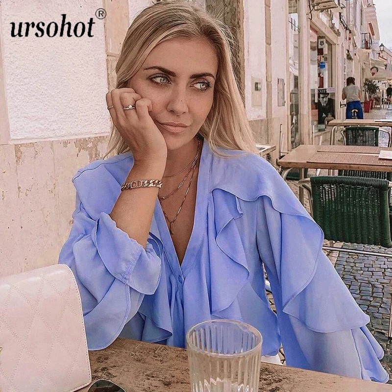 Ursohot, Летняя Сексуальная рубашка с рюшами, Женская офисная блуза с v-образным вырезом, кардиган на пуговицах, шифоновая повседневные кофточки с пышными рукавами, топы, рубашки