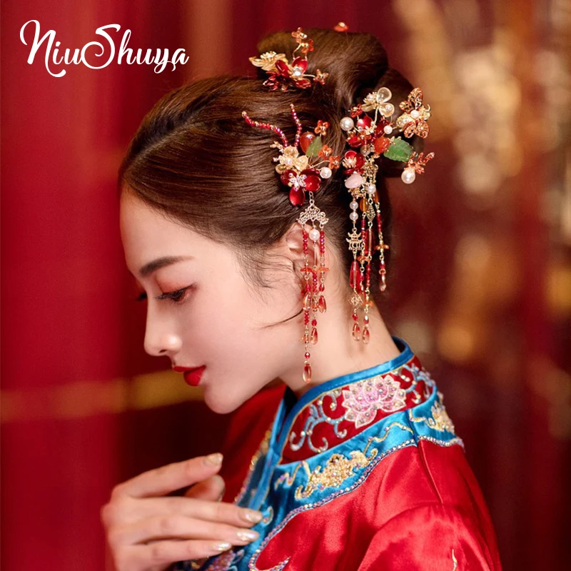 Фото NiuShuya китайский винтажный Свадебный комплект ювелирных изделий для невесты