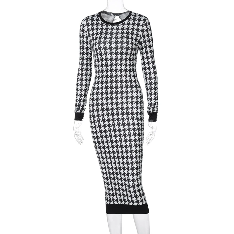 

2021 Women Dress Houndstooth Print Female Robe Long Sleeve Midi Dresses Hollow Out Bodycon Sexy Streetwear Club Elegant Vestido