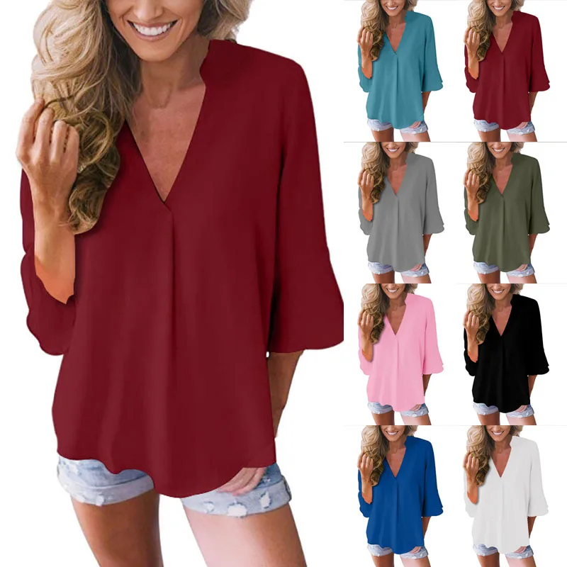 Ladies New Shirt Casual Solid Color V-Neck Sleeve Top Butterfly Chiffon Blouse Elegant Loose Office Large Size 5XL | Женская одежда