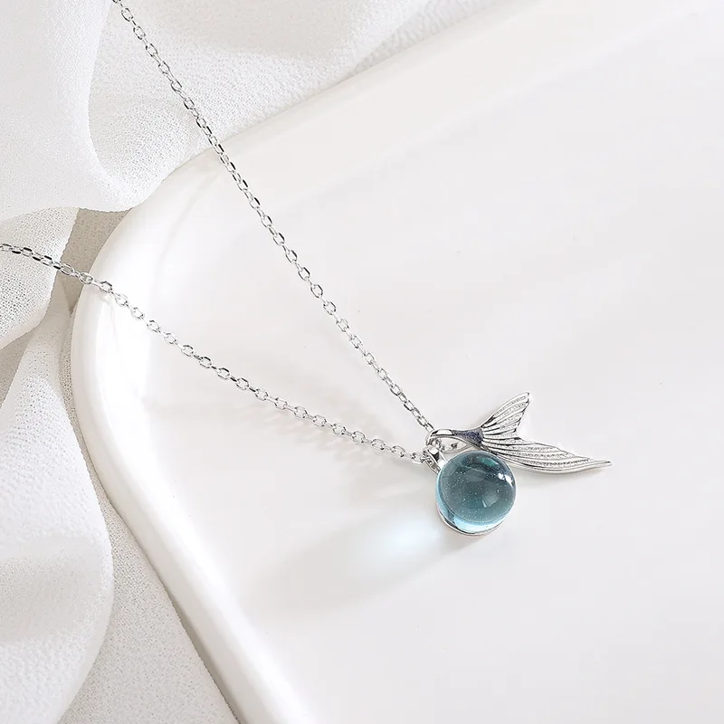 

Women Necklace Mermaid Fish Tail Pendant 925 Sterling Silver Chain Chocker Blue Moon Stone Pendant Fashion Jewelry