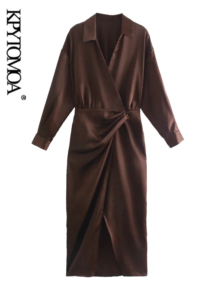 

KPYTOMOA Women Fashion With Gathered Soft Touch Midi Dress Vintage Long Sleeve Front Vents Female Dresses Vestidos Mujer