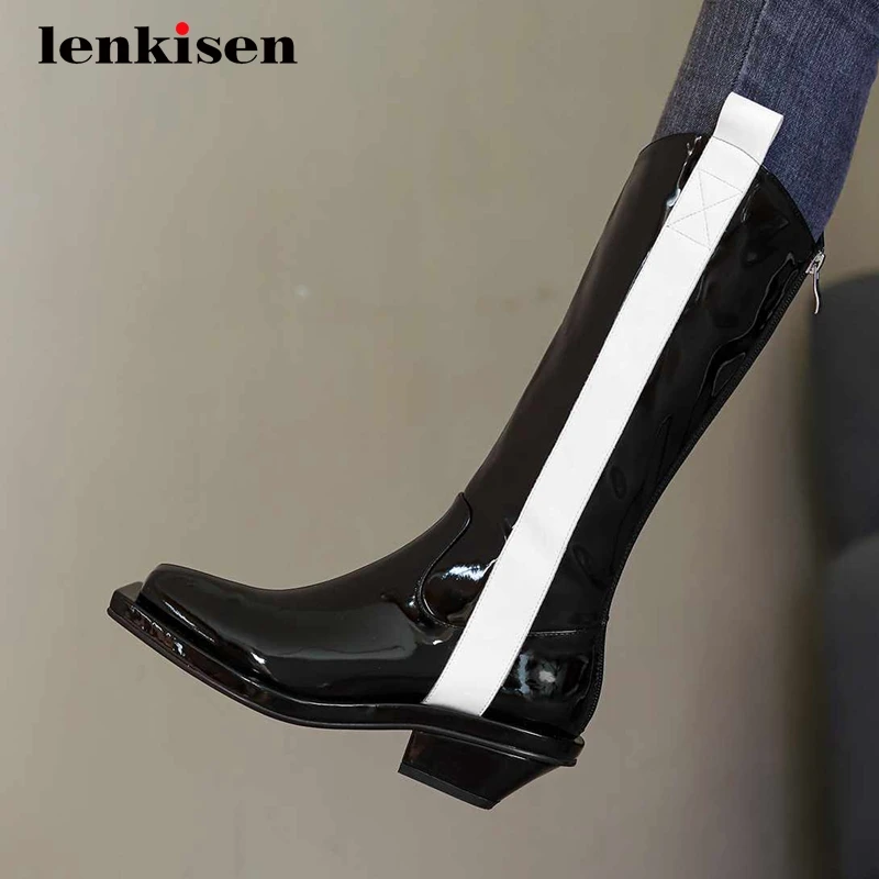 

Ботинки для верховой езды Lenkisen в европейском стиле, из лакированной воловьей кожи, разные цвета, квадратный носок, на среднем каблуке, на мол...