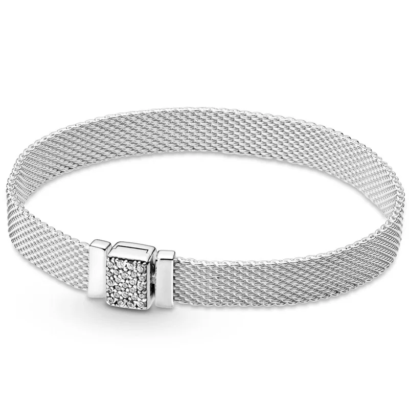 

100% 925 Sterling Silver Reflexions Woven Mesh Sparkling Clasp Multi Snake Chain Bracelet Fit Fashion Bangle Bead Charm Jewelry
