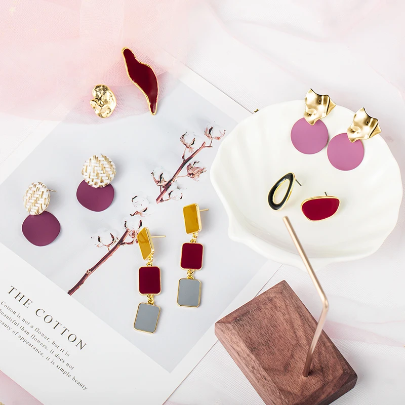 

ZWC New Design Vintage Colorful Enamel Fashion Earring Geometric Asymmetric Oval Round Long Drop Earrings for Women Girl Jewerly