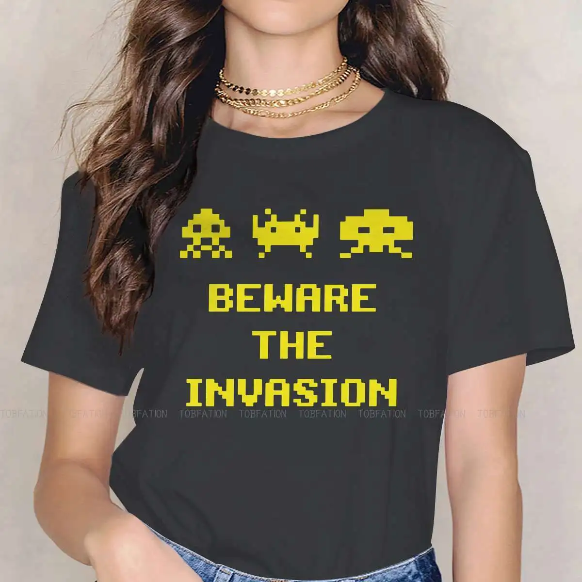 

Beware The Invasion Women TShirt Space Invaders Arcade Shooter Game Girls Graphic Tops Cotton Female T Shirt 5XL Humor Fashion