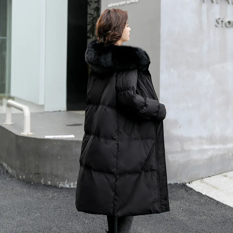 2021 winter new duck down jacket Korean version of large size women's fashion long thin hooded Fur collar woven  jacket Solid enlarge