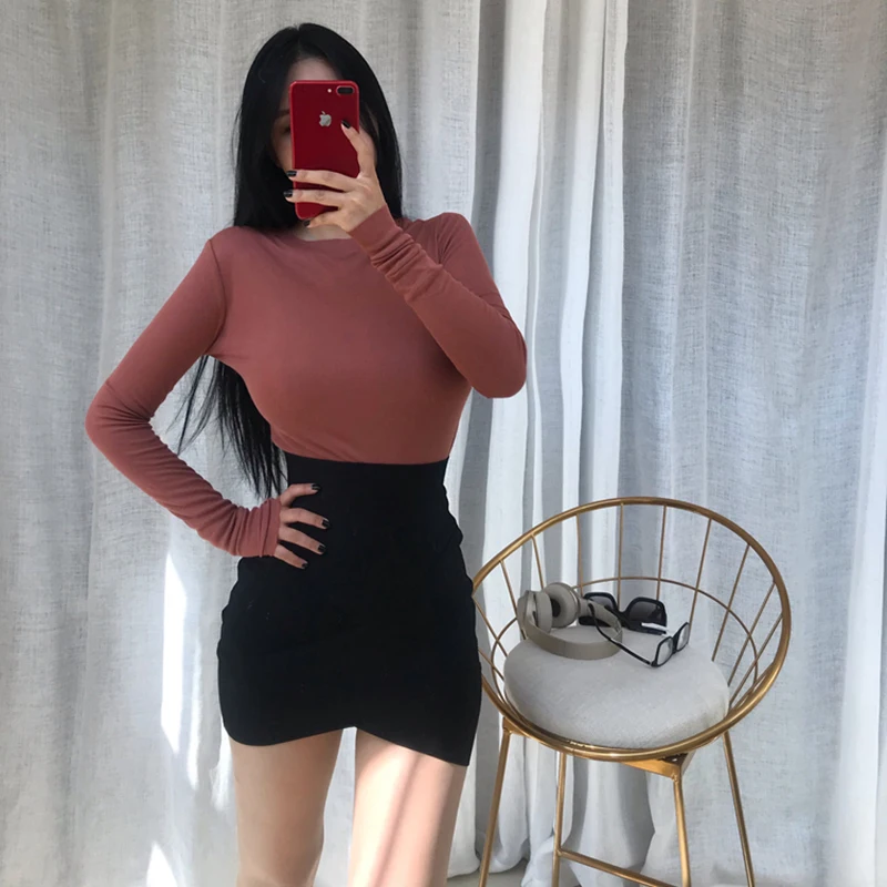 Женская Винтажная футболка осенняя облегающая мягкая Базовая с длинным рукавом