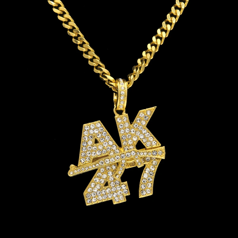 

Hip Pop Fashion18k Gold Palted Stainless Steel Iced Out Crystal Necklace with AK47 Logo Submachine Gun Pendant Cuban Chain