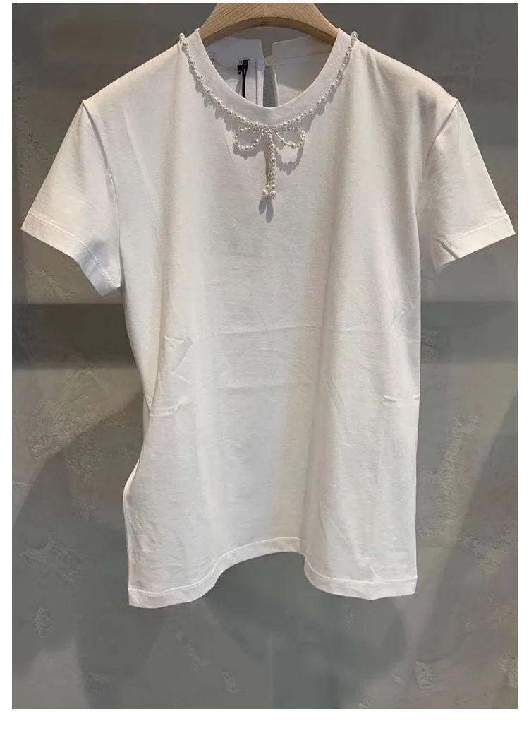 

High Quality Spring and Summer New Style Pearl Manual Beading Loose Wild Cotton Short-sleeved T-shirt Women