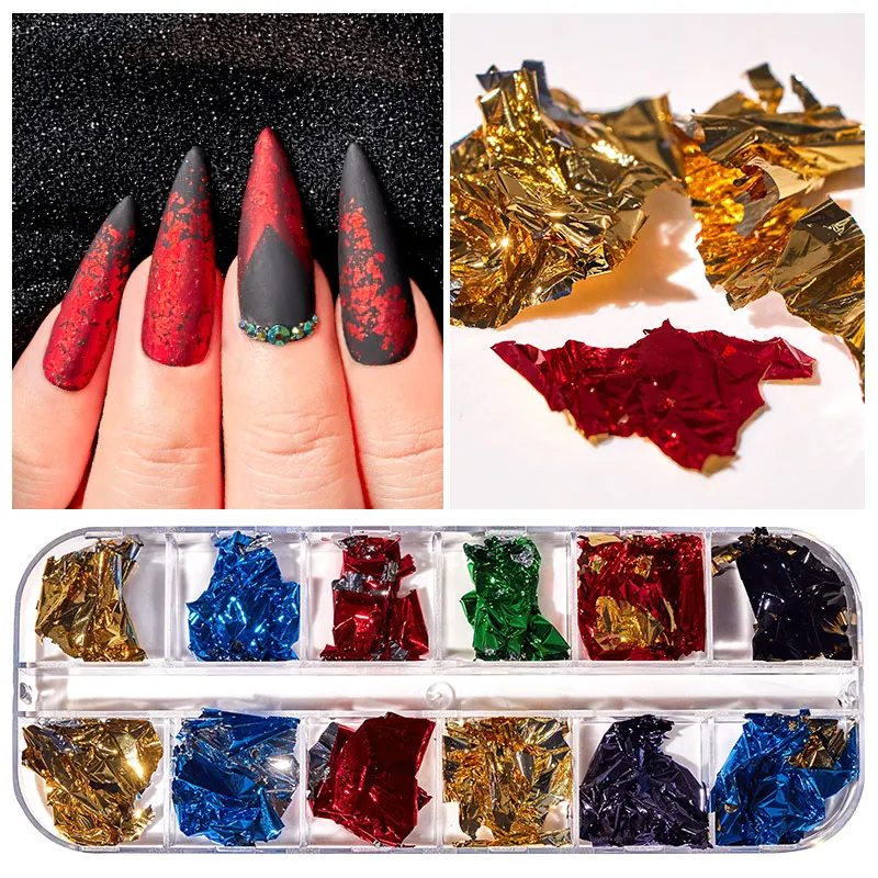 

12 Grid Nail Sequins Paillette Aluminum Irregular Flakes Gold Pigment Nail Art Decoration Mirror Glitter Foils Paper