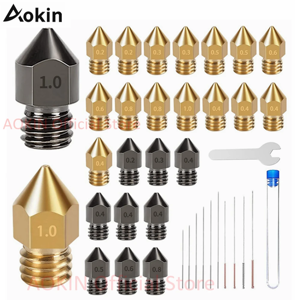 

Aokin 3D Printer Nozzle 30PCS Hardened Steel and Brass MK8 Extruder Nozzles 0.2 0.3 0.4 0.5 0.6 0.8 1.0mm with 10pcs Needlesand