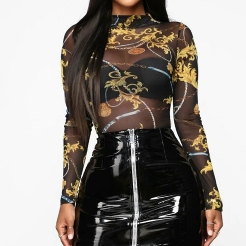Лидер продаж женский прозрачный топ с цветочным принтом и длинным рукавом осенне