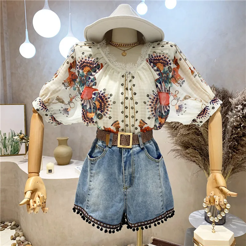 

New Women's Clothing Summer 2021 Retro printed Short Sleeve Shirt Top + High Waist Wide Leg Denim Shorts Two piece set