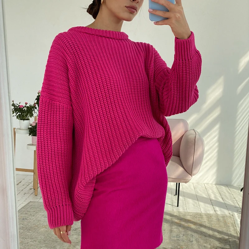 

2021 Winter Thickening Oversized Green Sweater Women Long Sleeve Casual Loose Pullovers Female Solid Knitted Tops