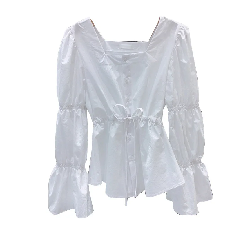 

Temperament Square Collar Blouses Woman Shirts Fashion Drawstring Lace Up Blusas Mujer Spring Long Sleeve Camisas De Mujer