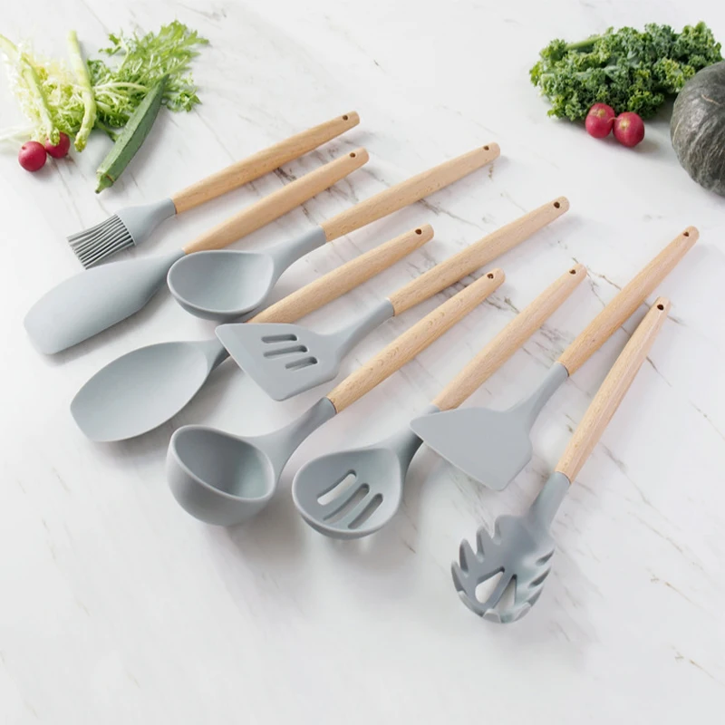 Силиконовая кухонная утварь набор деревянная ручка лопатка суповая ложка