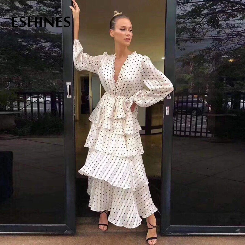 ESHIENS осеннее элегантное бежевое платье миди в горошек с глубоким v образным
