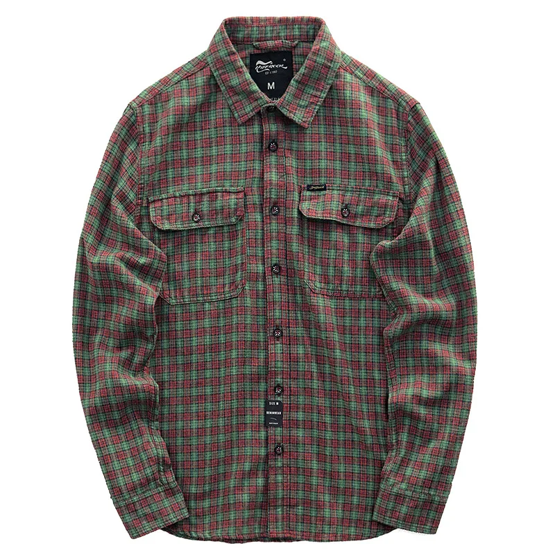 Рубашка Мужская Фланелевая в клетку повседневная с двумя карманами зеленая