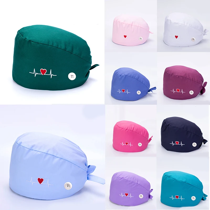 

Heart Shape Embroidery Nurse Hat For Women Breathable Cartoon Print Surgical Cap Doctor Pure Cotton Baotou Cap Work Hat Unisex