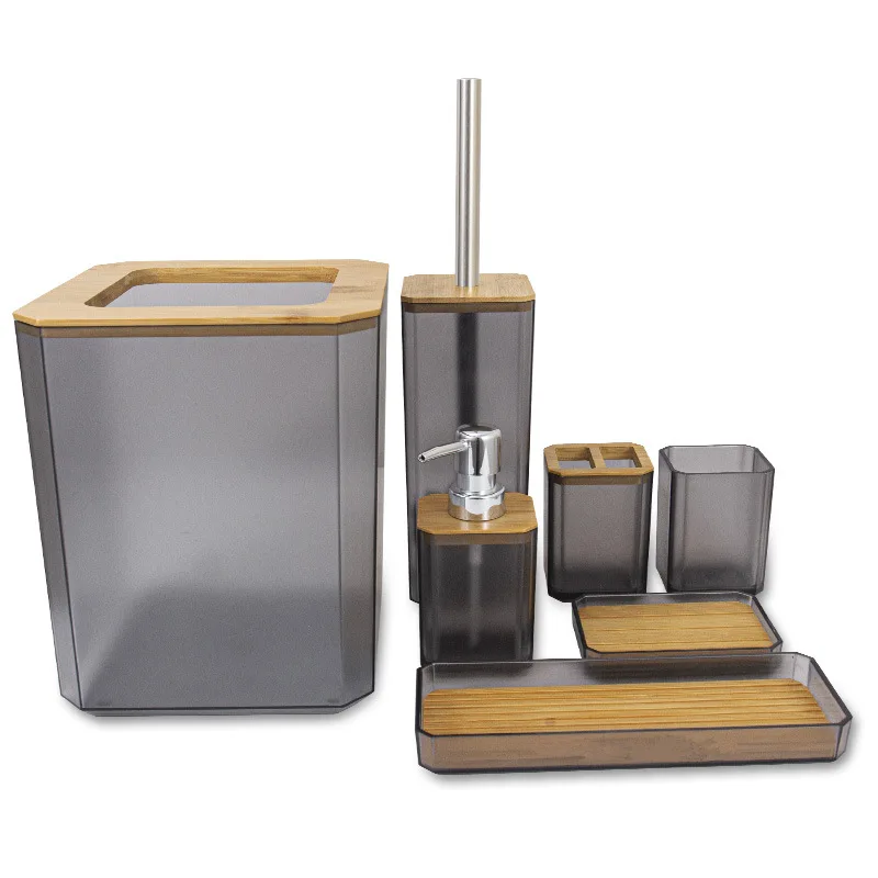 bamboo bathroom accessories set plastic bathroom kit soap dispenser toothbrush cup soap dish toilet brush holdertrash can free global shipping