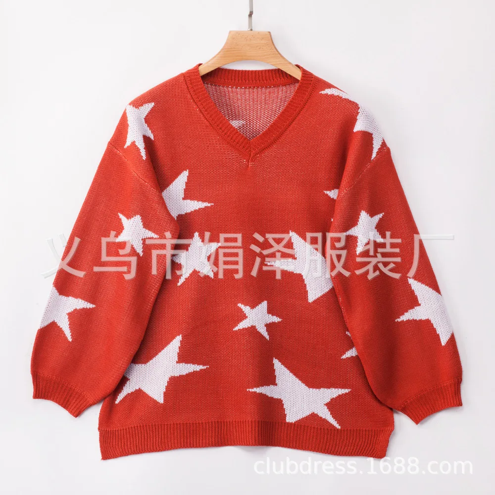 

2021 Women's Long Sleeve Star Print Loose Sweater