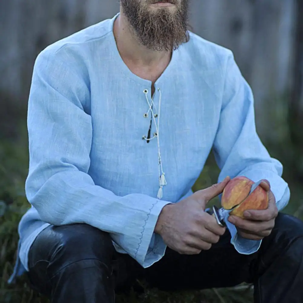 Рубашка мужская из хлопка и льна с V образным вырезом длинным рукавом|Мужские