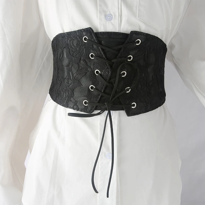 

Women Lace Waistband Elastic Wide Band Tied Ruffled Corset Waist Cincher Belt PU Leather Ladies Punk Waist Belt Feminin Ceinture