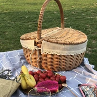 handmade large wicker picnic basket with handle double lid camping picnic willow weaving storage hamper outdoor fruit holder