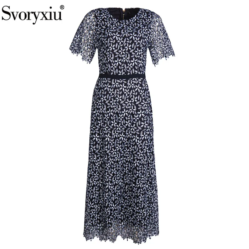 

Женское платье до щиколотки Svoryxiu, элегантное платье с круглым вырезом, коротким рукавом, цветочной вышивкой, приталенное платье на лето 2019