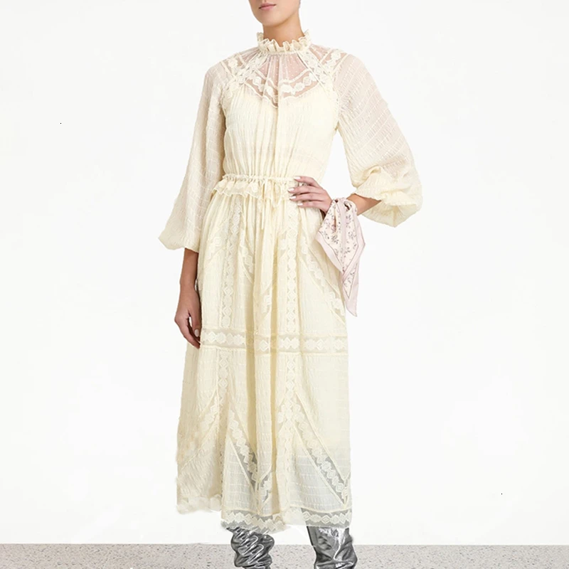Винтаж лоскутное платье с кружевной оборкой женские со стоячим воротником