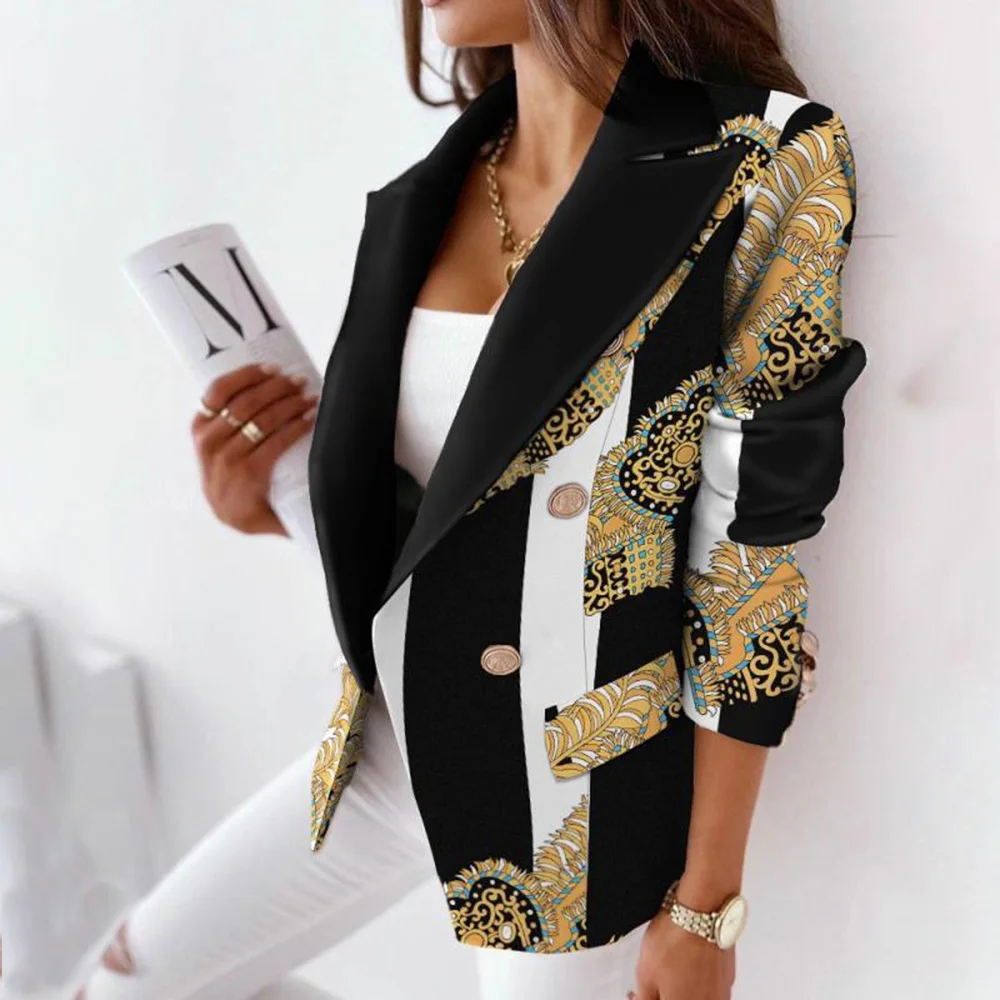 

Autumn Office Lady Elegant Blazer Coats Fashion Turn-Down Collar Women Outerwear Spring Casual Simple Long Sleeve Jackets printe