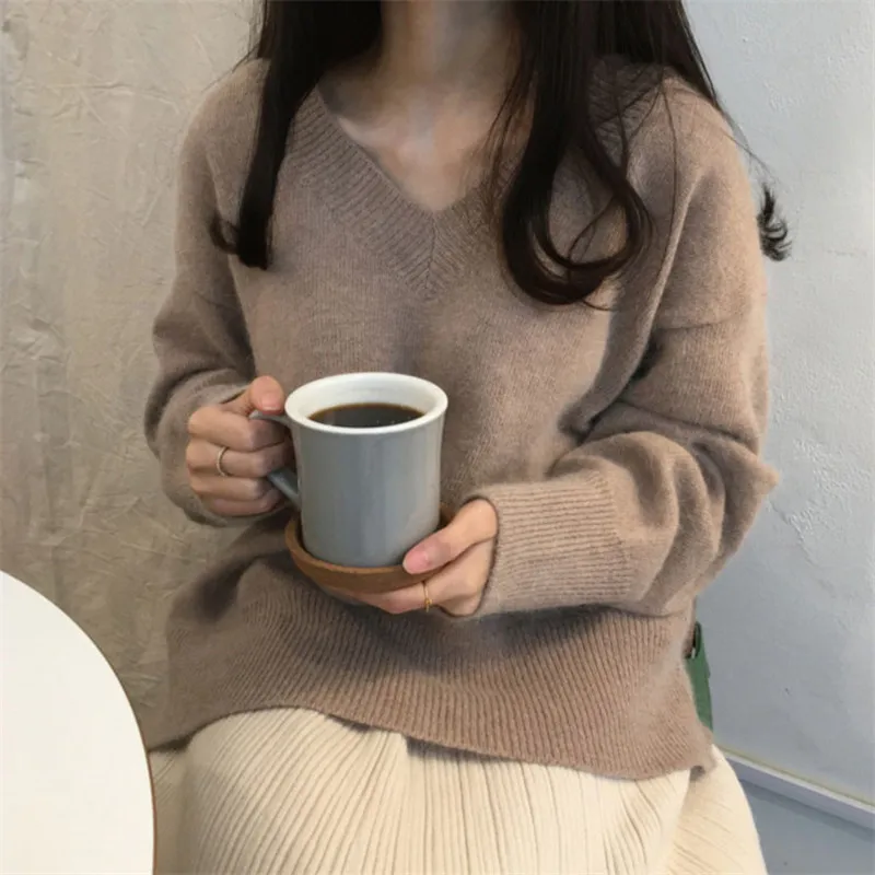 

Spring autumn sexy V-neck ladies pullover wool sweater pure color long-sleeved loose sweater women simple knitted cashmere top