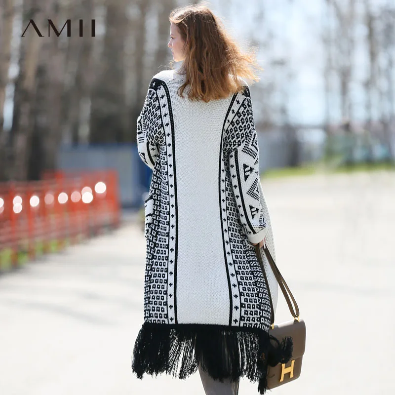 Женский вязаный кардиган Amii длинный свободный с кисточками оригинальный дизайн