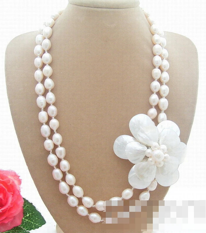 

2Strds White Pearl&Shell Flower Necklace