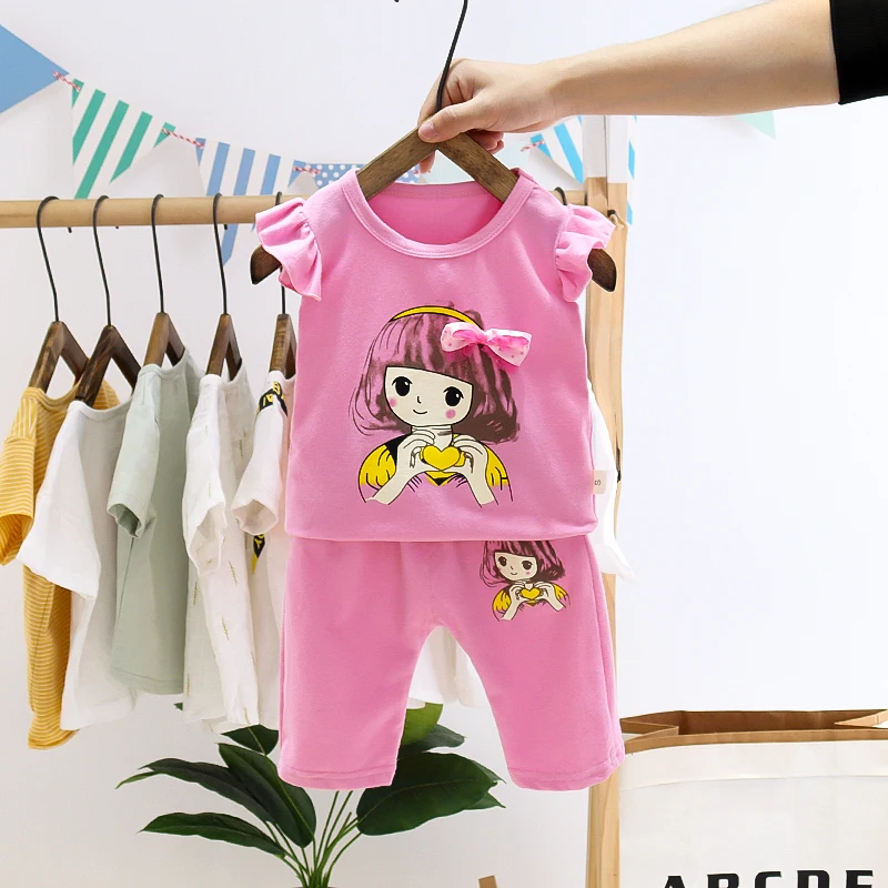 

Summer Fashion Girl Suit Printing Cartoon Casual Round Neck Cotton Pink Children Clothes Kids Set