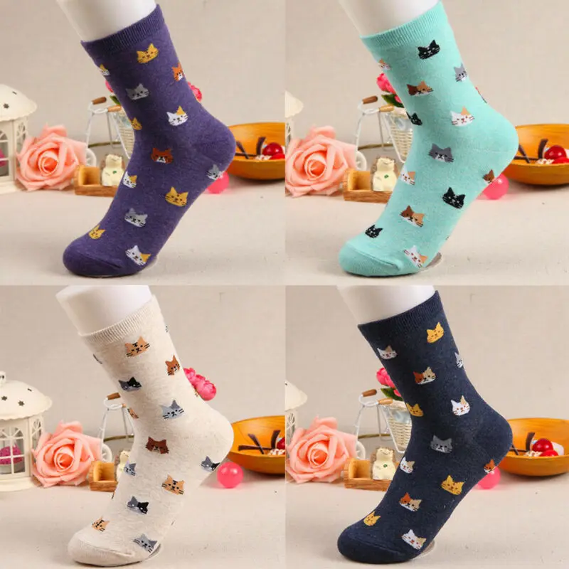 Носки женские теплые хлопковые с принтом кошки 1 пара 5 цветов | Женская одежда